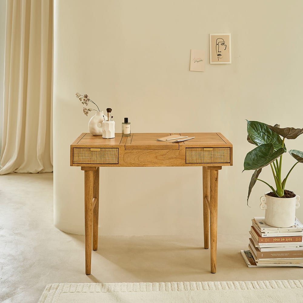 BERAH GETAH Schreibtisch aus massivem Mangoholz und Rohrgeflecht style exotic Beige