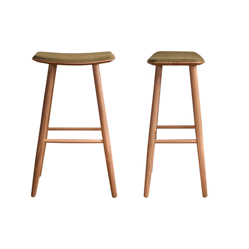 Set aus 2 Hockern aus massivem Teakholz und Sitzfläche aus Cord