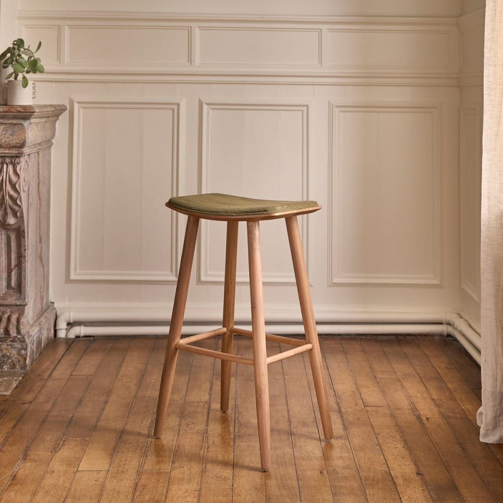 BERAH GETAH Hocker aus massivem Teakholz und Sitzfläche aus Cord 75 cm style modern Grün