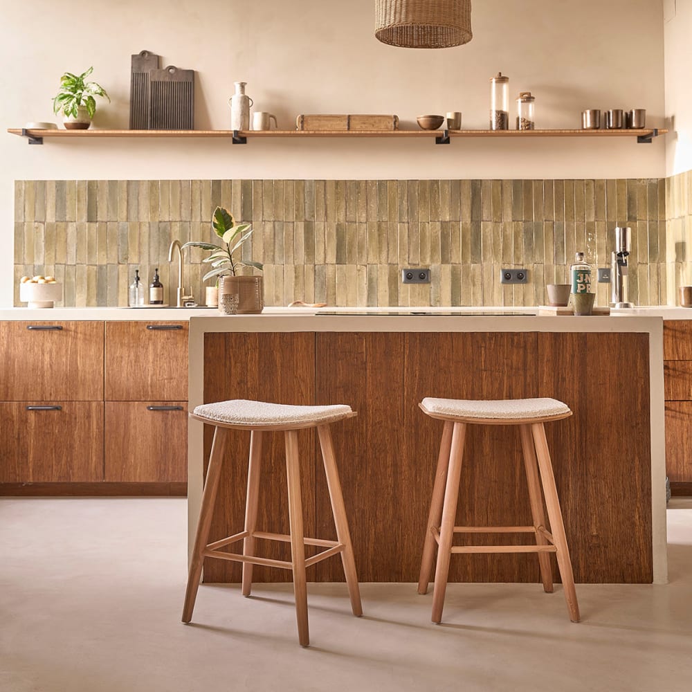 BERAH GETAH Lot de 2 tabourets en teck massif assise bouclette 65 cm style contemporain Beige Bois - 48x67x35cm
