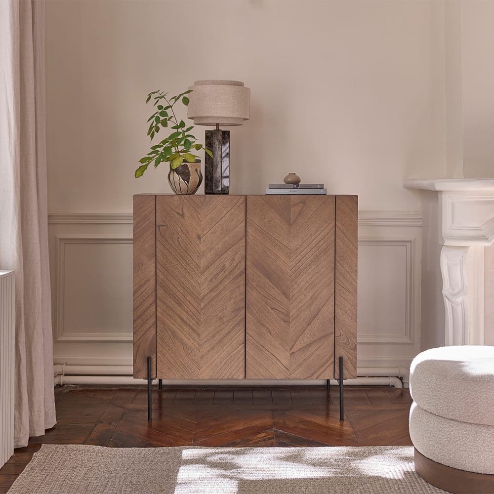 BERAH GETAH Barschrank aus massivem Mindi und Metall in Walnuss-Finish 100 cm style modern Braun Holz