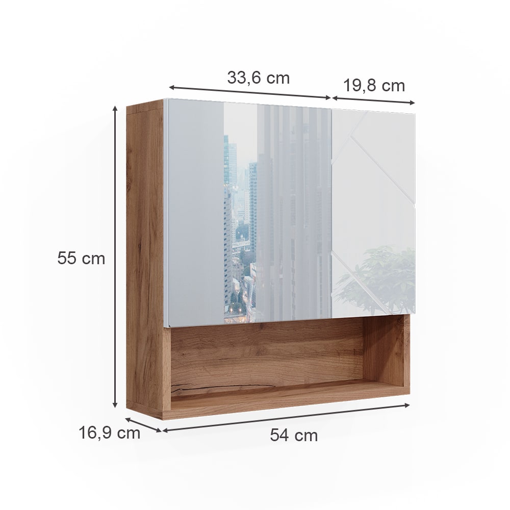 Badspiegelschrank, Weiß Hochglanz/Goldkraft Eiche 54 x 55cm -