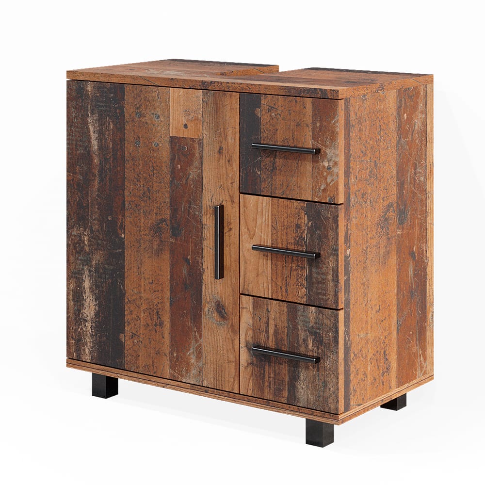Vicco Waschbeckenunterschrank mit Tür und 3 Schubladen Eiche rustikal style modern Braun Spanplatte