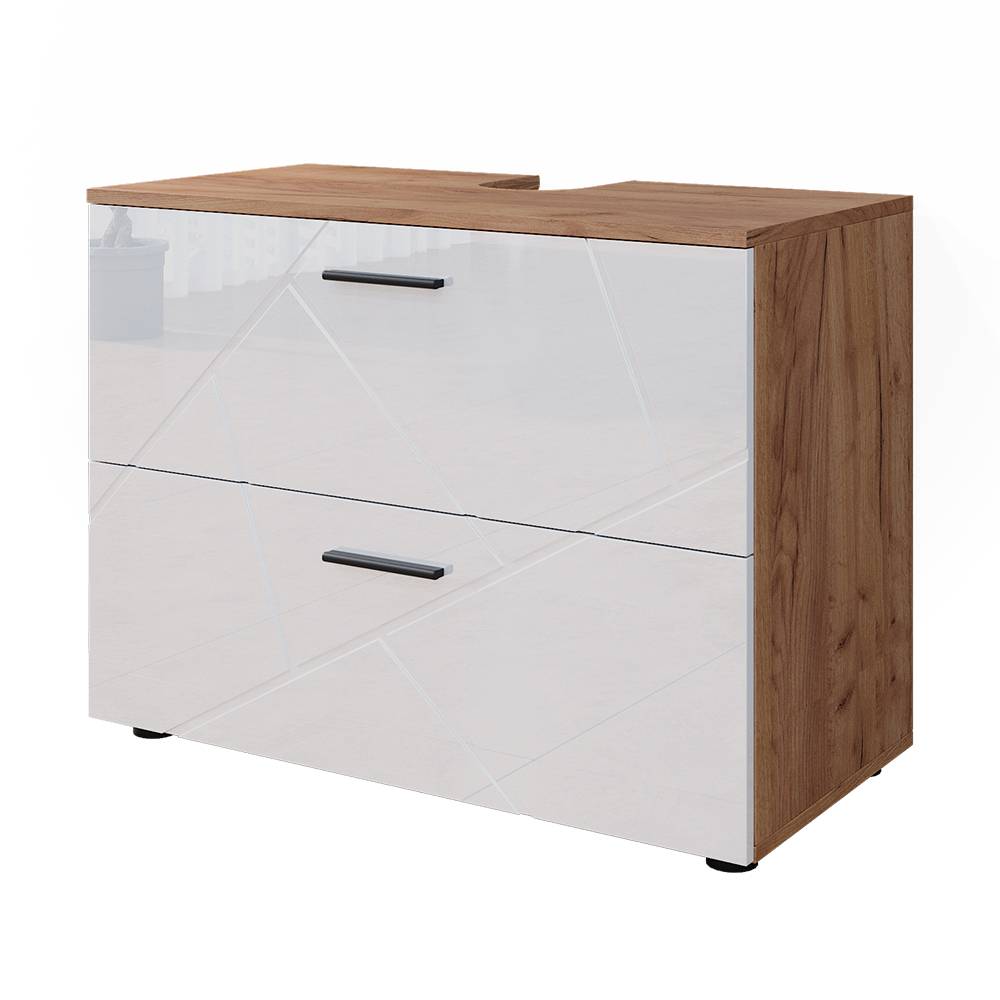 Meuble sous vasque simple 80x58.6cm, Blanc brillant/Chêne doré