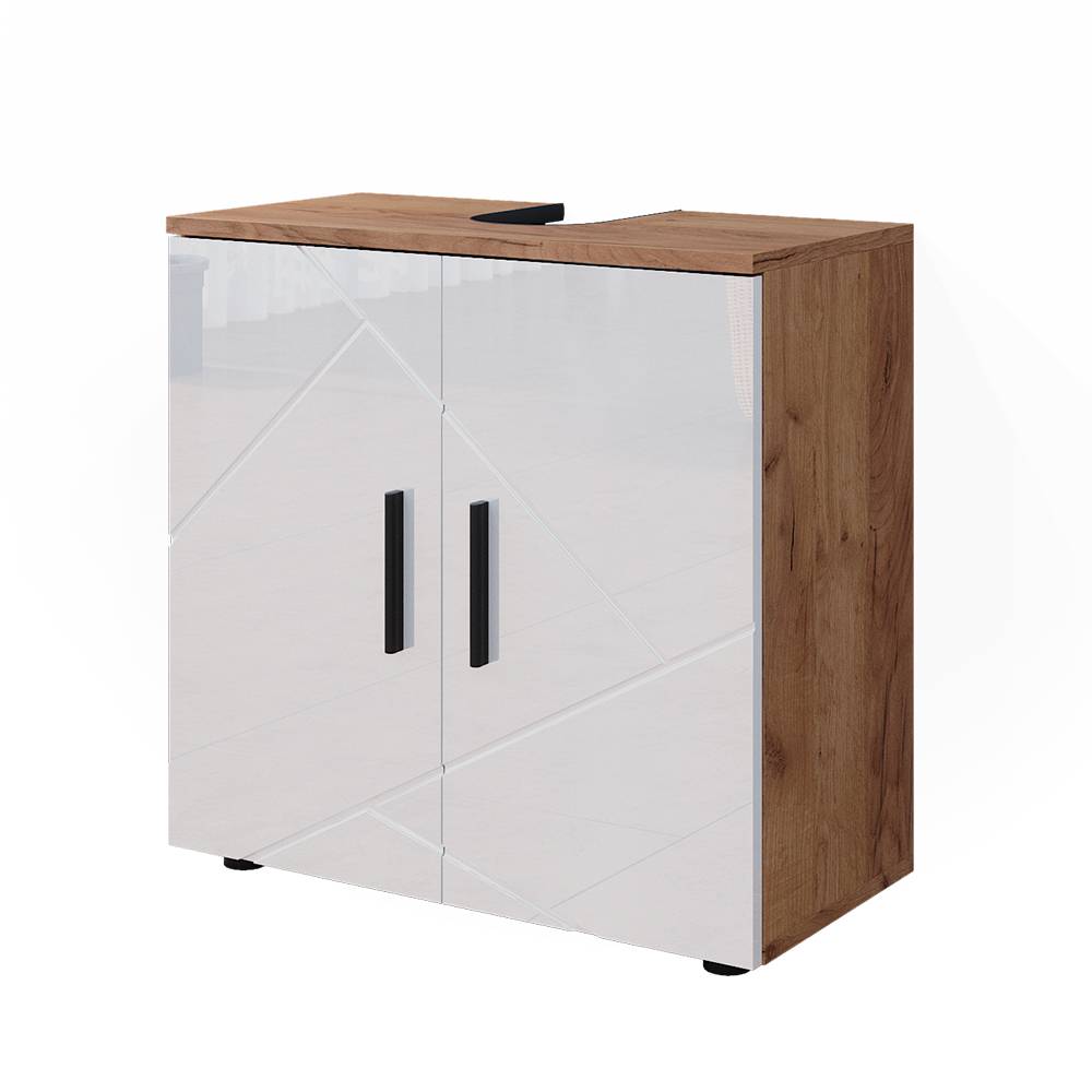 Meuble sous vasque simple 60x59cm, Blanc brillant/Chêne doré