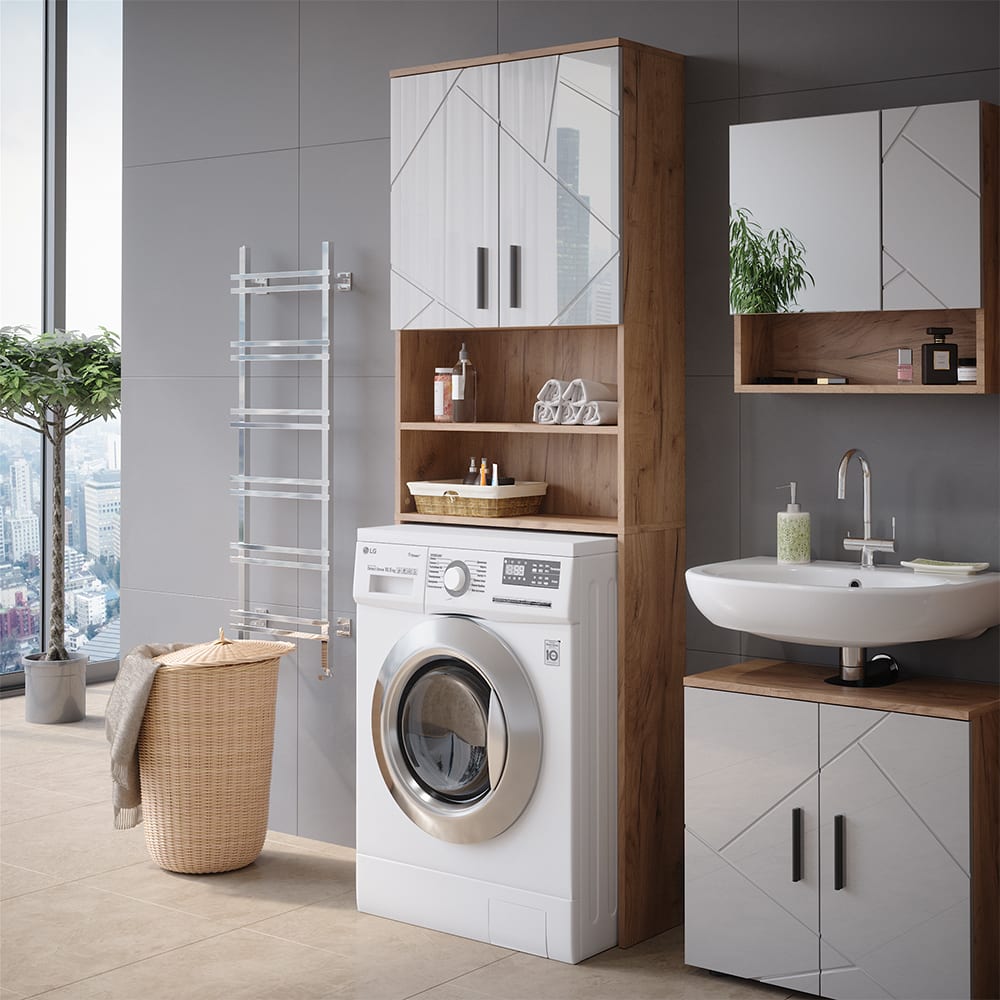 Armoire pour machine à laver 64x190.5cm, Blanc brillant/Chêne doré