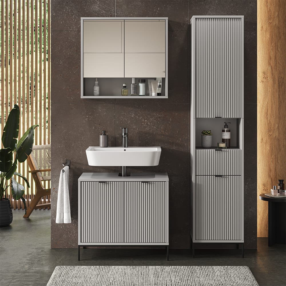 Badschrank mit Türen, und Schublade Grau 40x190cm - Maisons Du