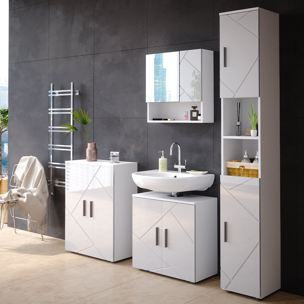 Meuble de rangement de salle de bain 30x192cm, Blanc Haute brillance