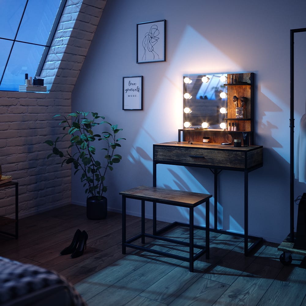 Coiffeuse avec éclairage LED et chaise, Bois antique 80 x 135.5cm