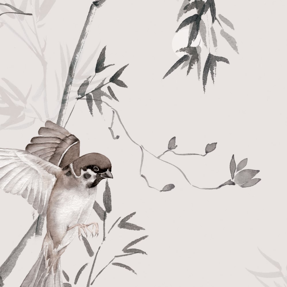 Papier peint moineaux du japon, beige 225 x 250cm — vue 4