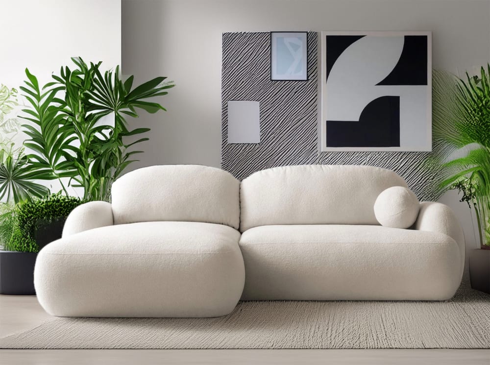 Canapé d'angle convertible en tissu bouclette angle gauche blanc cassé