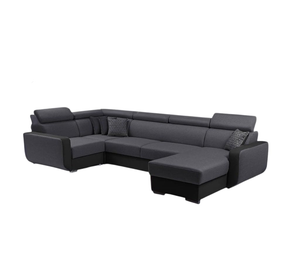 Canapé panoramique convertible en tissu gris et simili noir