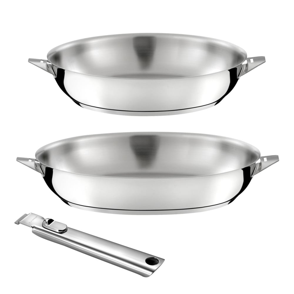 Lot de 2 poêles 24-28cm inox finition miroir + 1 poignée amovible
