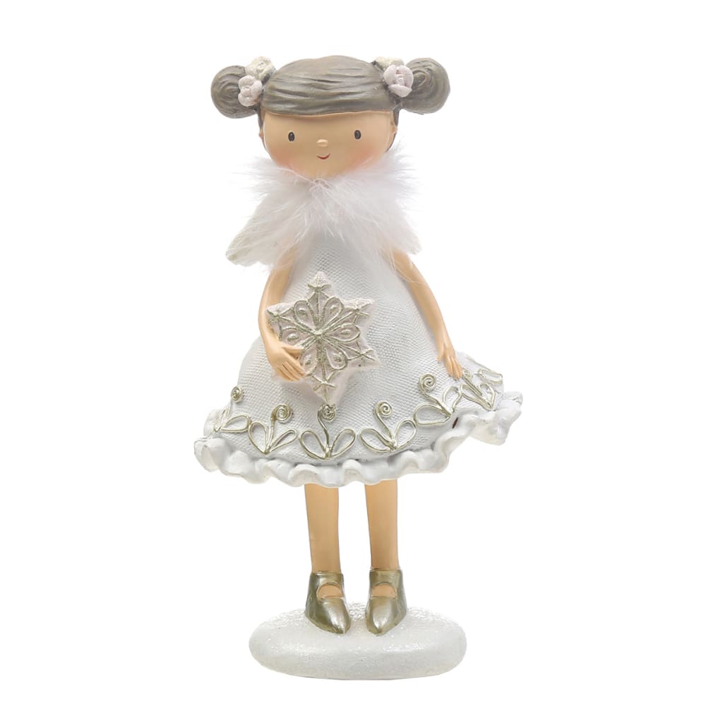 Figura de navidad niña con copo de nieve artificial blanca h18