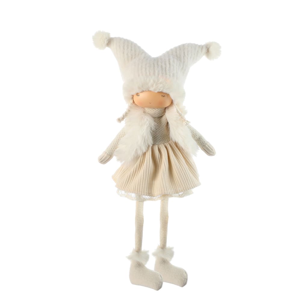 Figura de navidad niña para sentar artificial crema y blanca h63