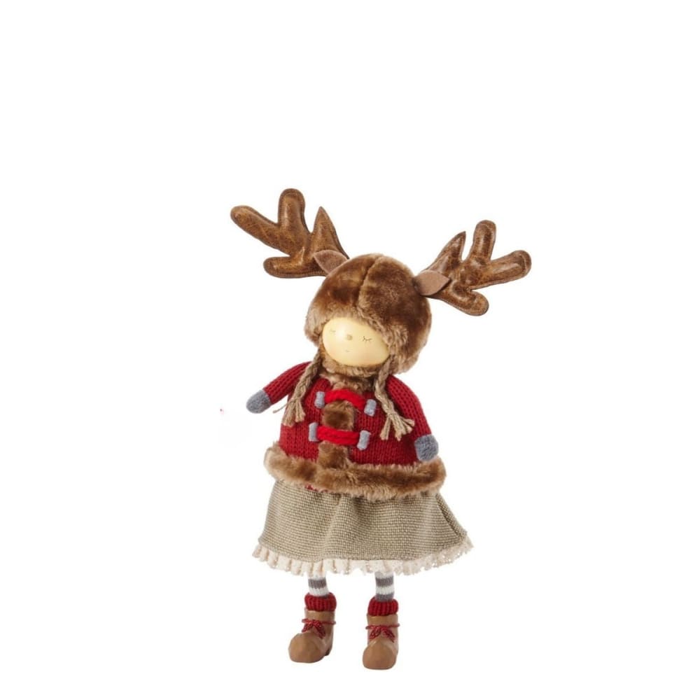 Figura de navidad niña decorativa en resina roja y marrón h34