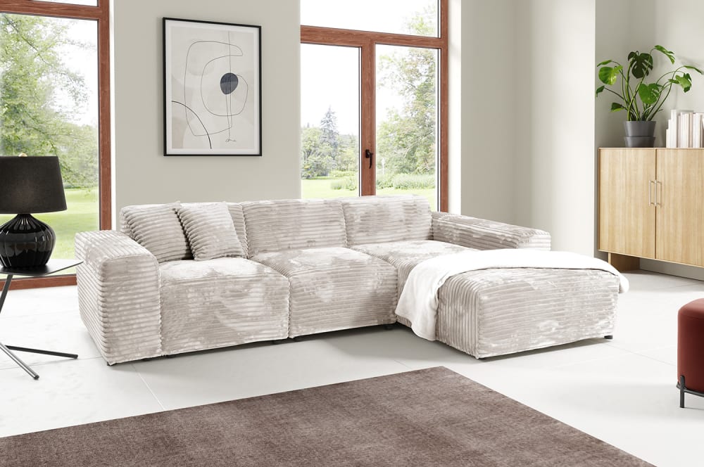 Canapé d'angle gros côtelé doux angle droit beige