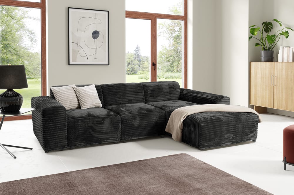 Canapé d'angle droit 4 places gros côtelé doux noir