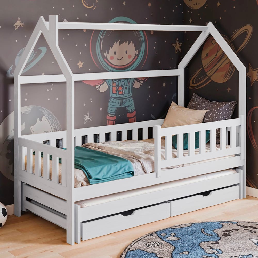 Petits meubles Lit cabane 90x200 sommiers lit bois blanc Blanc Panneau De Particules - 204x158x96cm