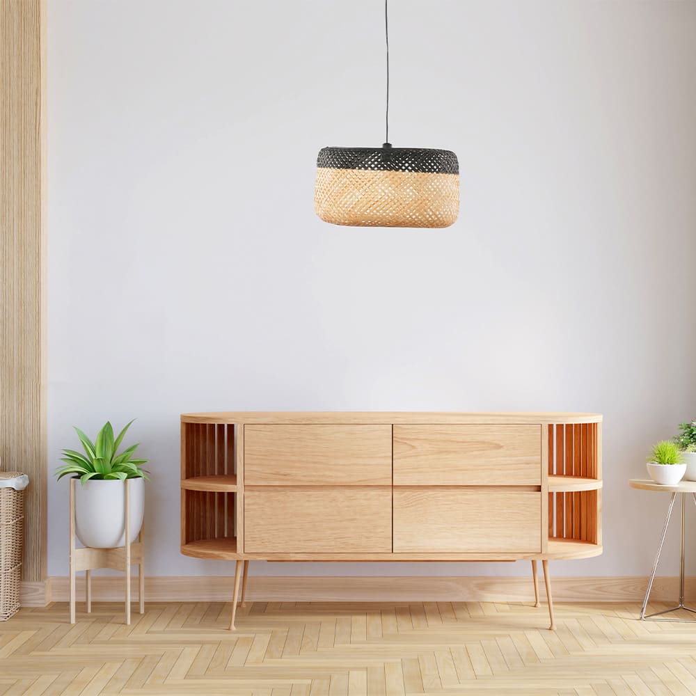 Suspension ronde bambou bicolore noir et bois — vue 3