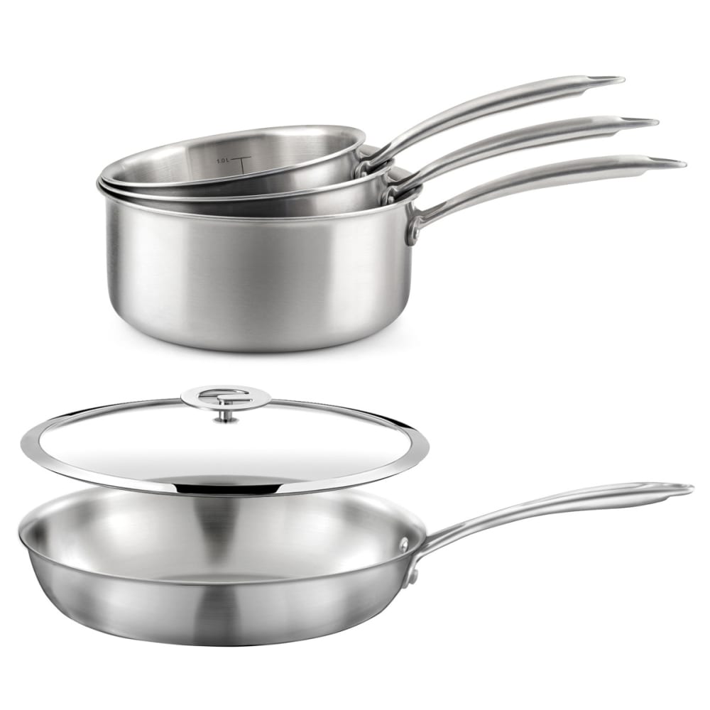 Lot de 3 casseroles inox 16/18/20cm, 1 poêle inox 24cm, 1 couvercle 2 - Maisons du Monde