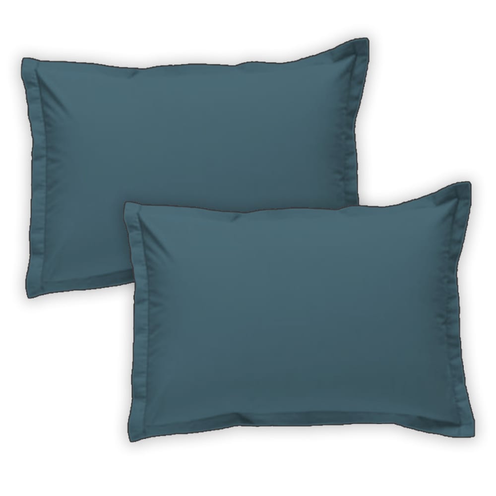 Lot de 2 taies d'oreiller unies coton finition bourdon bleu 50x70cm