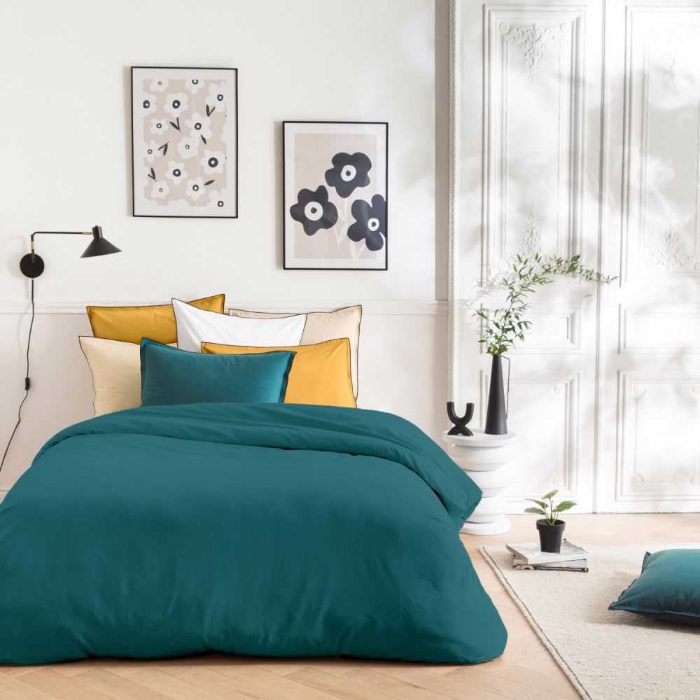 Future Home Parure de lit unie coton finition bourdon 260x240cm Bleu Certifié Oeko-Tex