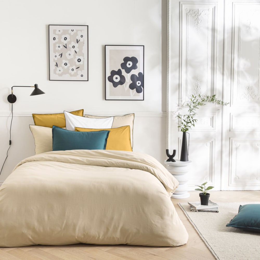 Parure de lit unie coton finition bourdon 240x220cm