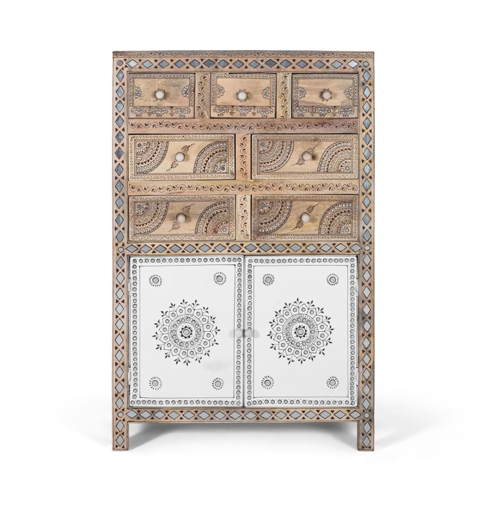 Buffet en bois de manguier et MDF et détails peints à la main