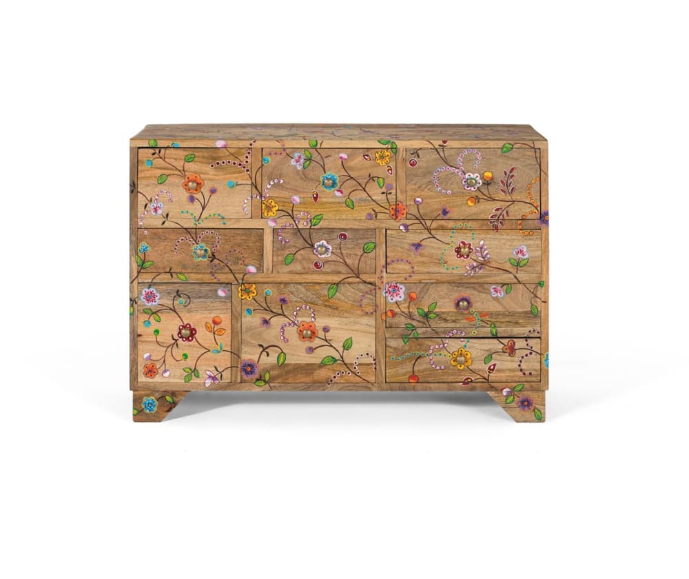 Commode avec 10 tiroirs sculptés à la main en bois de manguier
