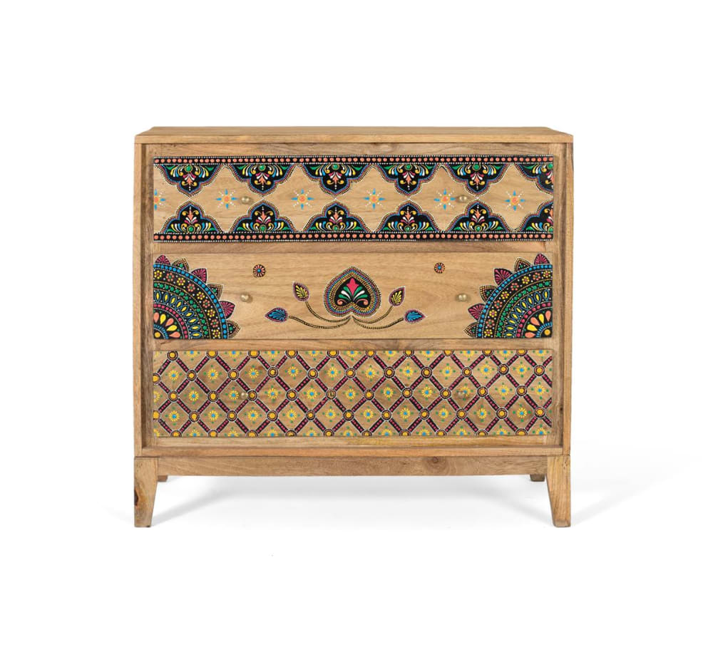 Commode en bois de manguier massif avec détails peints à la main