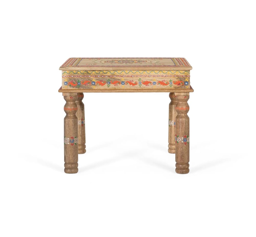 mesa de centro en madera de mango y detalles pintados a mano