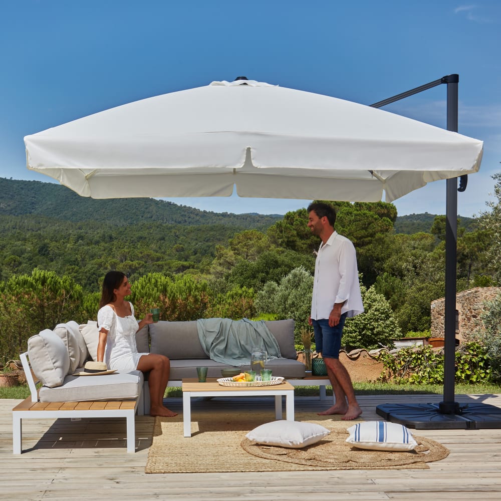 Pack parasol déporté carré 3m écru avec socles et housse