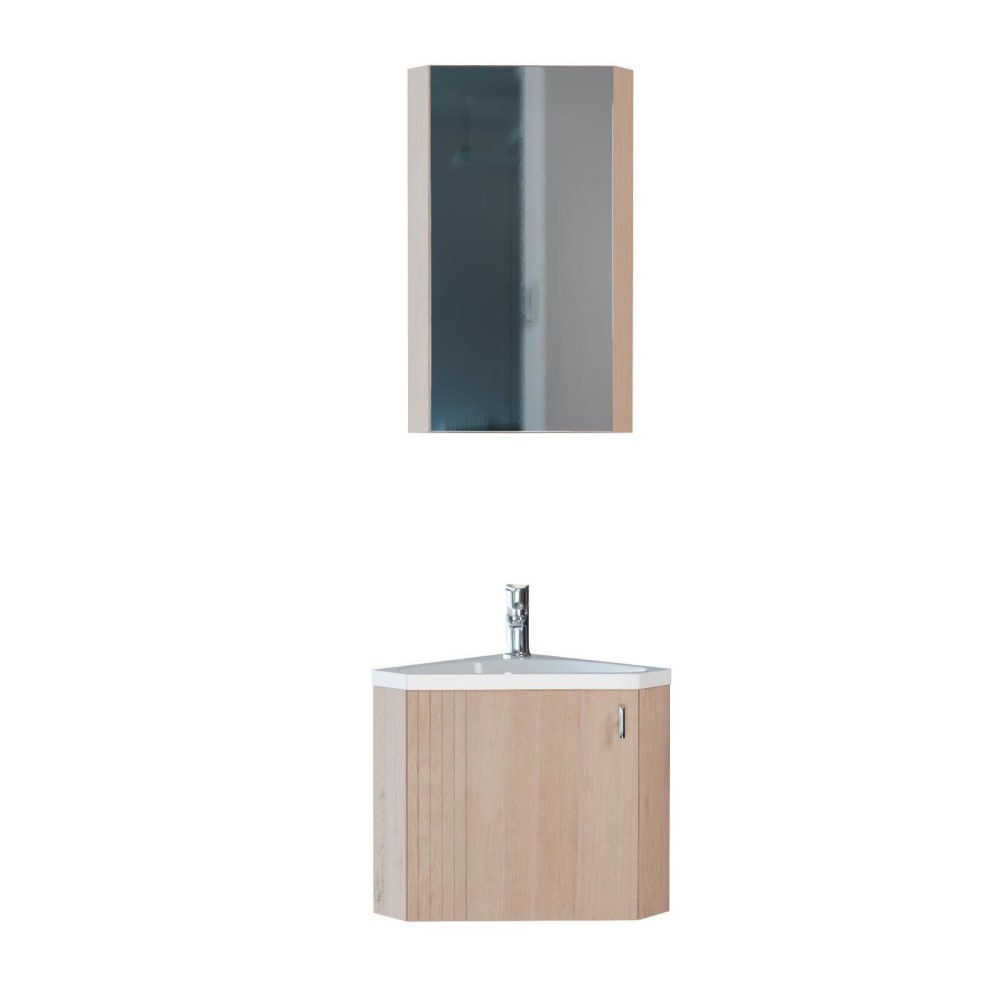 Meuble lave-mains d'angle décor chêne  + robinet + armoire miroir