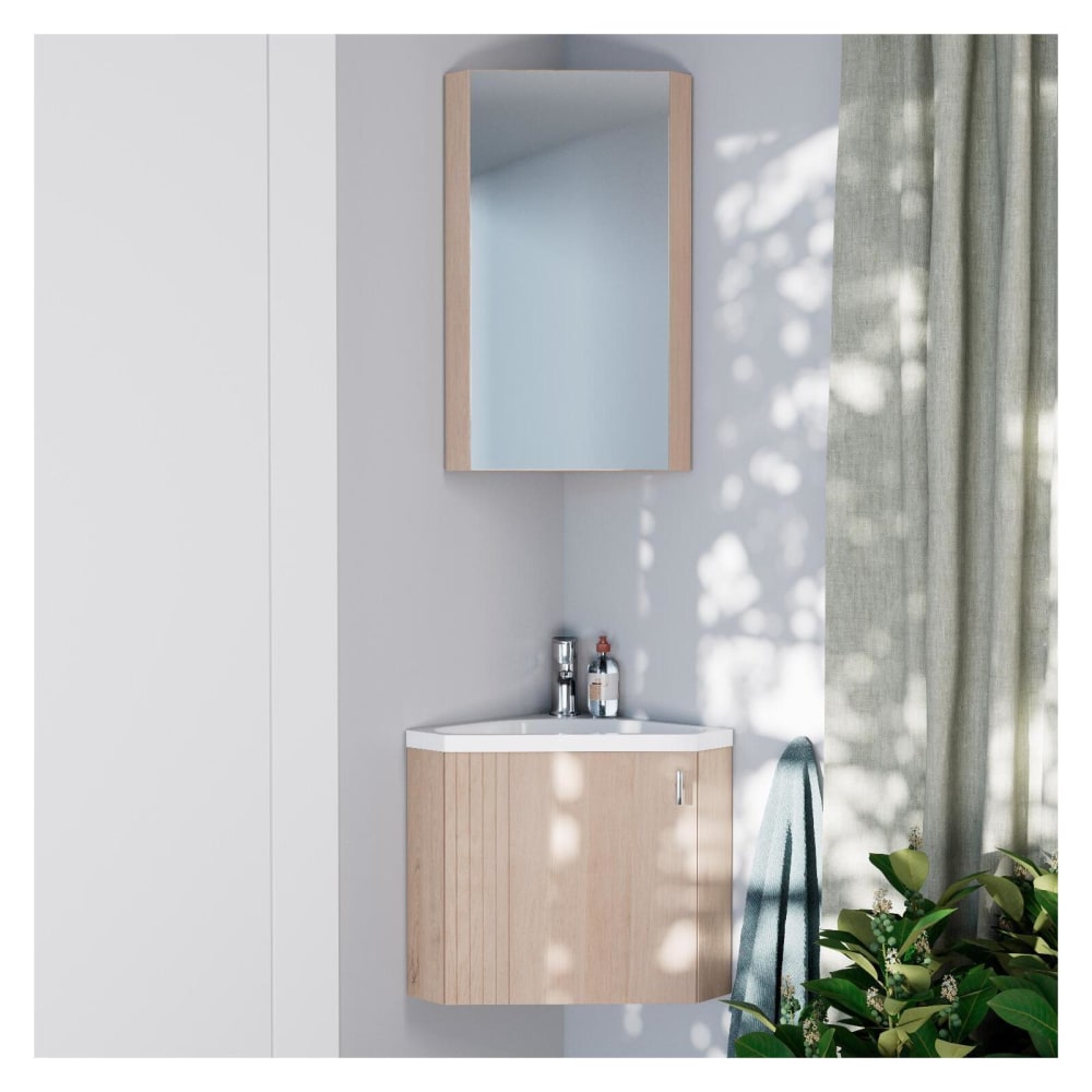 Ensemble meuble lave-mains d'angle décor chêne + armoire miroir - Maisons du Monde