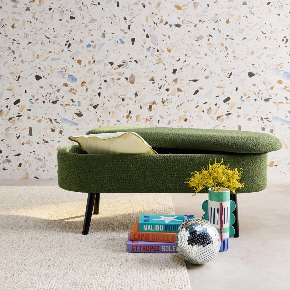 Banc coffre, bout de lit bouclette texturée, kaki - Maisons du Monde