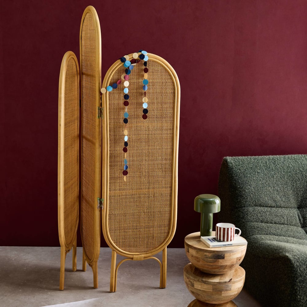 Paravent pliable intérieur en rotin et cannage, bois naturel