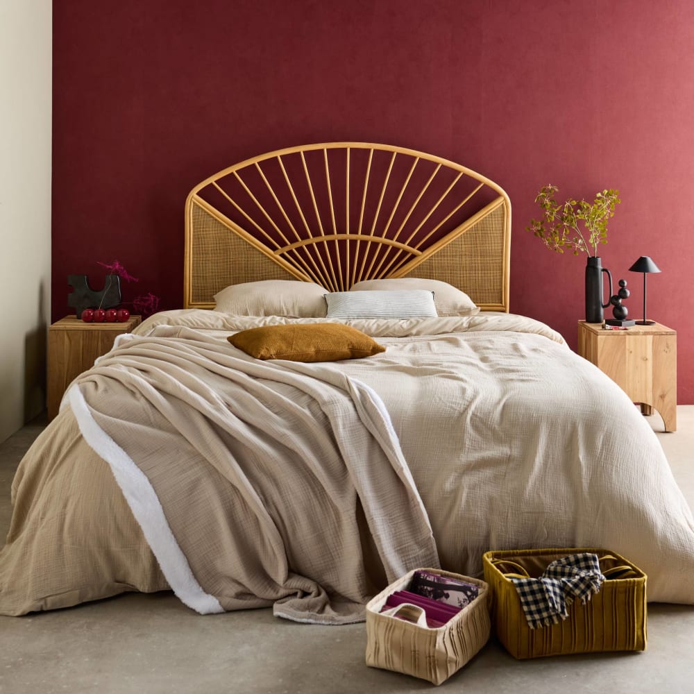 Tête de lit en rotin naturel et cannage, bois clair, 160cm