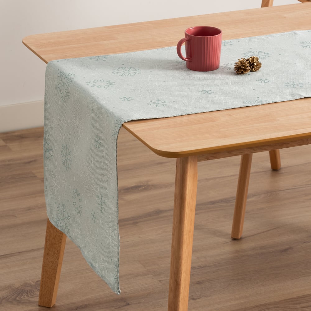 Chemin de table de Noël en coton jacquard vert d'eau argent 45x135cm