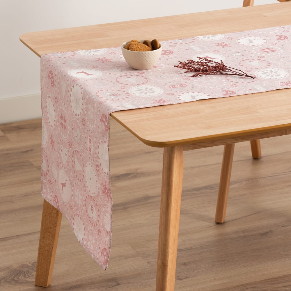 Camino de mesa navidad jacquard algodón rosa palo y plata 45x135 cm