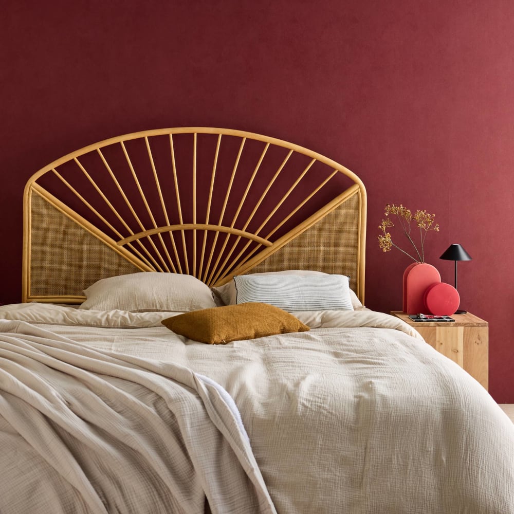 Tête de lit en rotin naturel et cannage, bois clair, 140cm