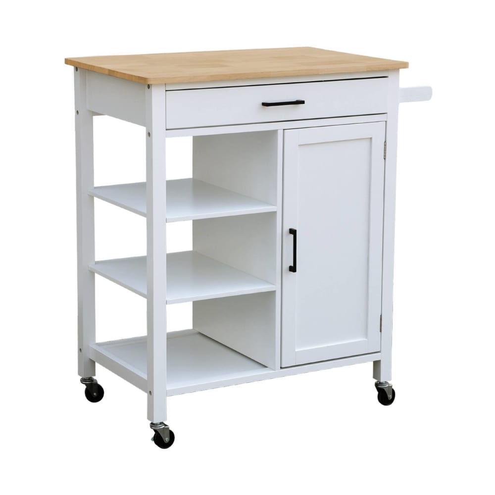 Desserte de cuisine blanche plateau en bois d'hévéa avec poignée