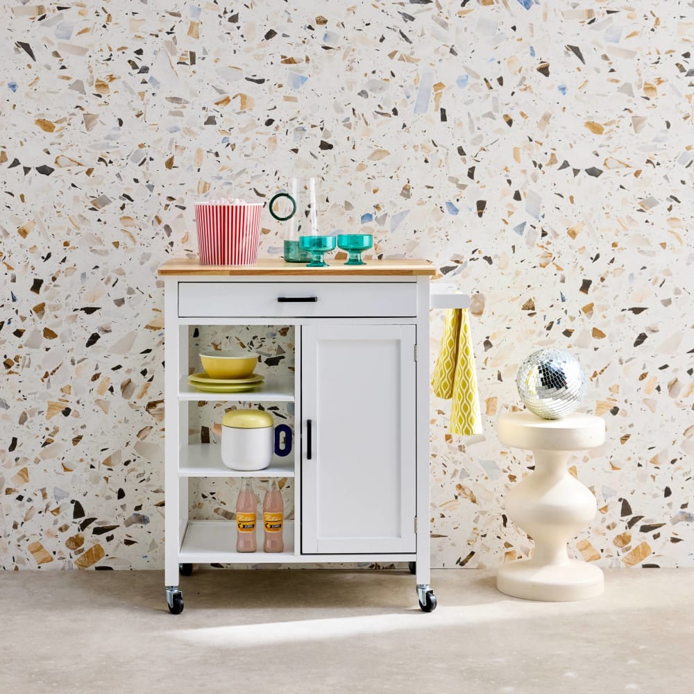 Desserte de cuisine blanche plateau en bois d'hévéa avec poignée