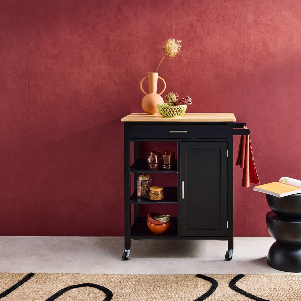 Desserte de cuisine noire plateau en bois d'hévéa avec poignée