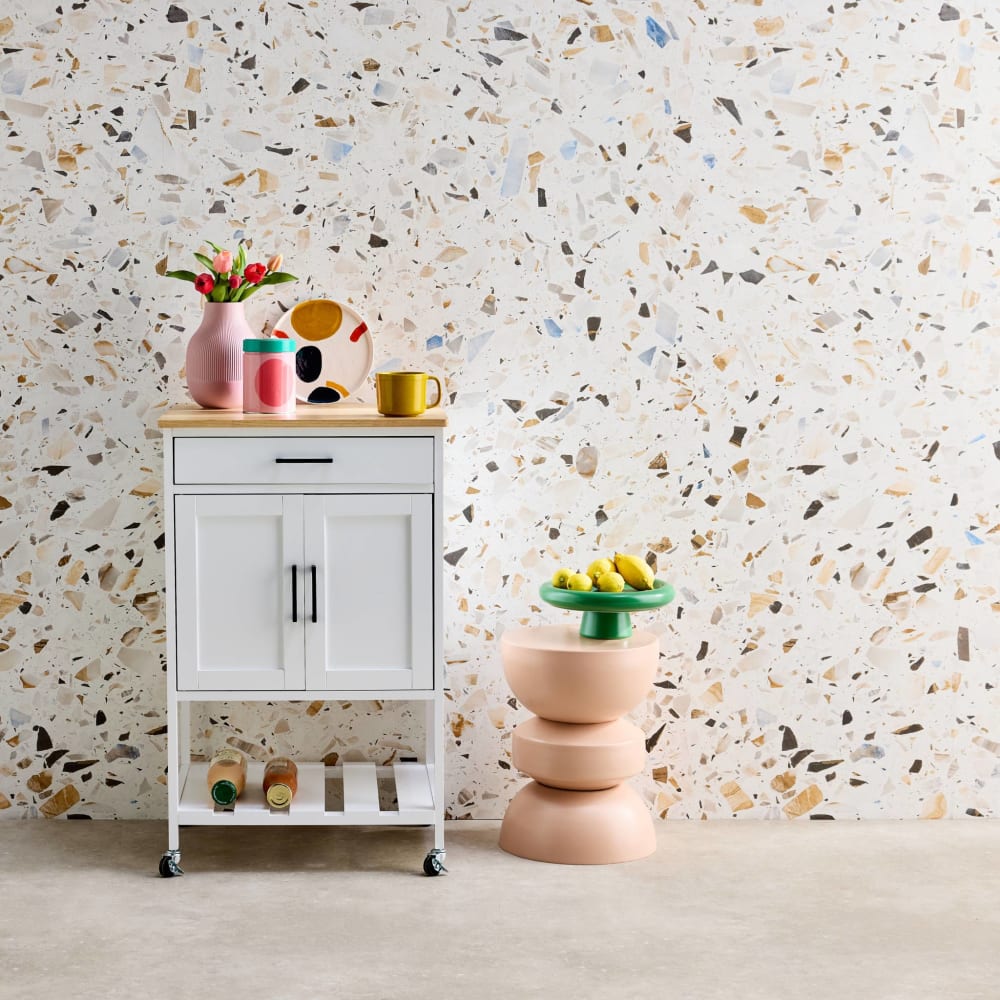 Desserte de cuisine blanche plateau bois d'hévéa