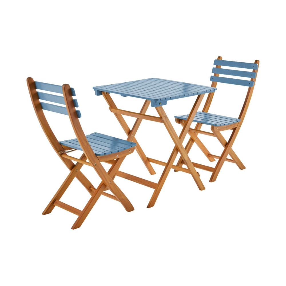 Table de jardin pliable acacia 2 chaises bleu