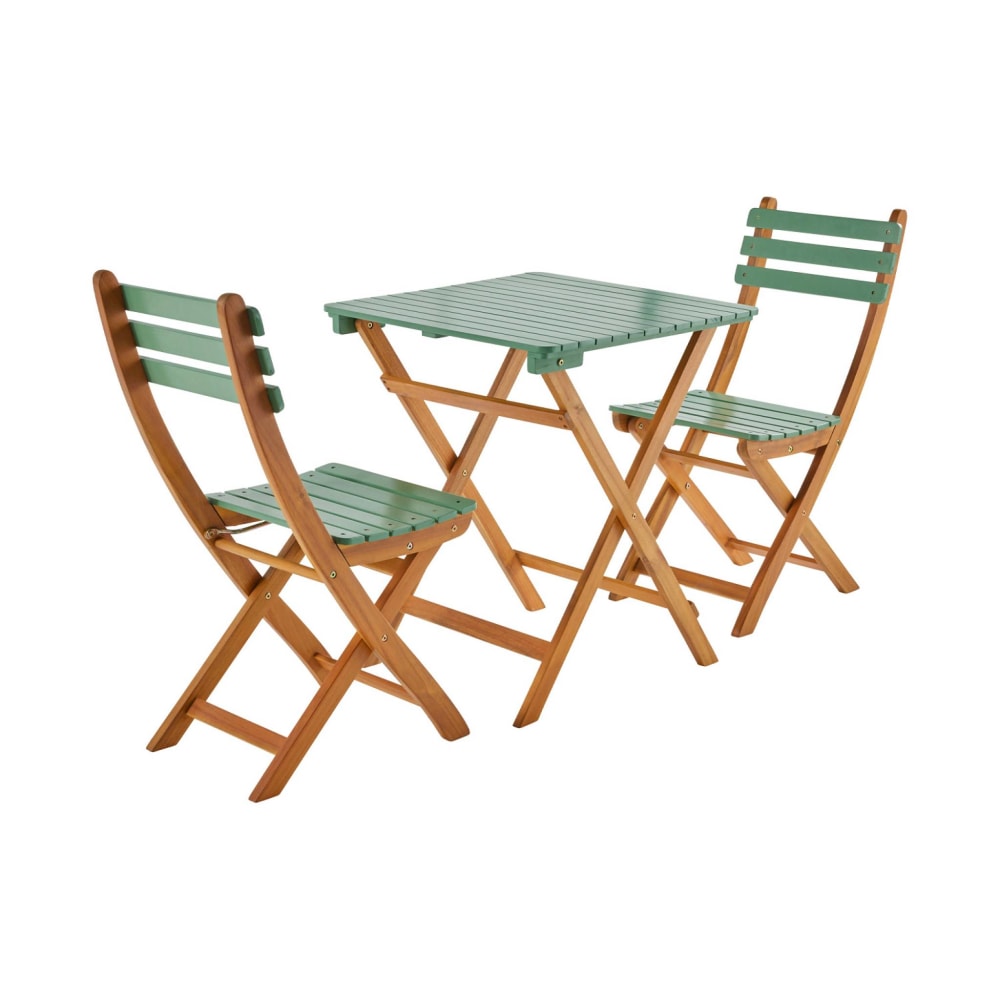 Table de jardin pliable acacia 2 chaises vert de gris