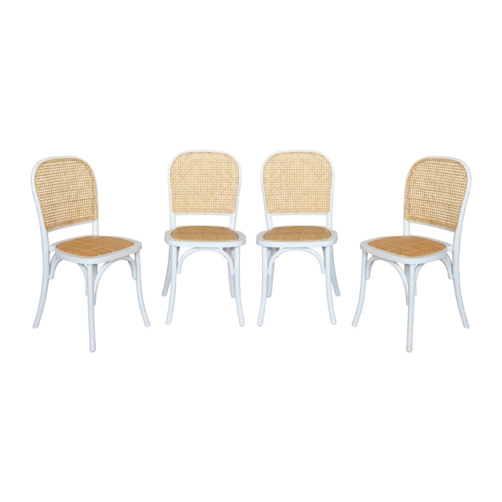 Lot de 4 chaises vintage en bois et rotin, blanc