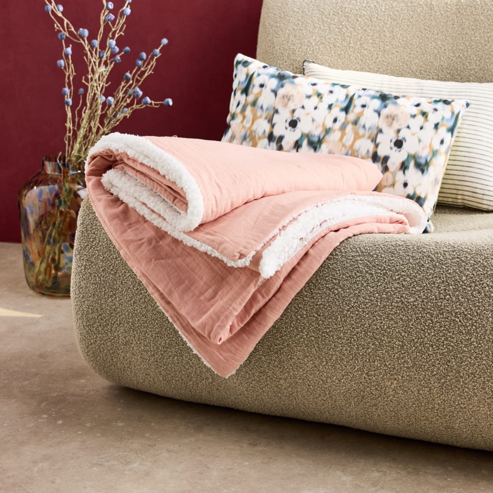 Plaid sherpa et gaze de coton 130 x 170 cm pêche