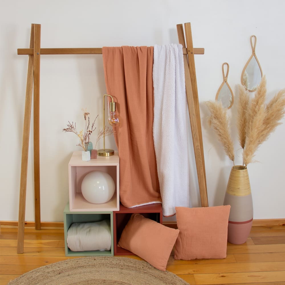 sweeek Decke Sherpa und Baumwoll-Gaze 130 x 170 cm karamell style modern Braun Öko-Tex Zertifikat Baumwolle